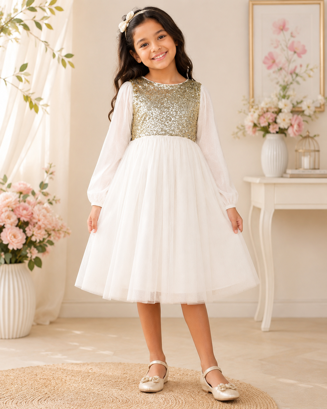 White girls sleeveless fit and flare dress with layered tulle skirt and flared hem