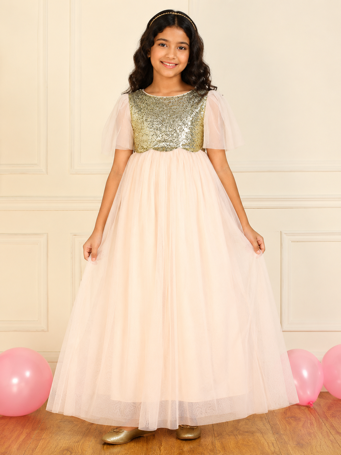 White girls layered tulle Dress with elasticated waist and flared silhouette