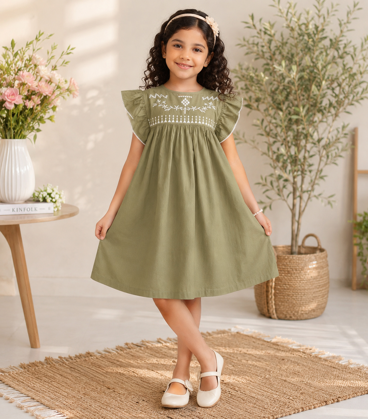 Olive green girls sleeveless fit and flare dress with ruffle detailing and flared hem