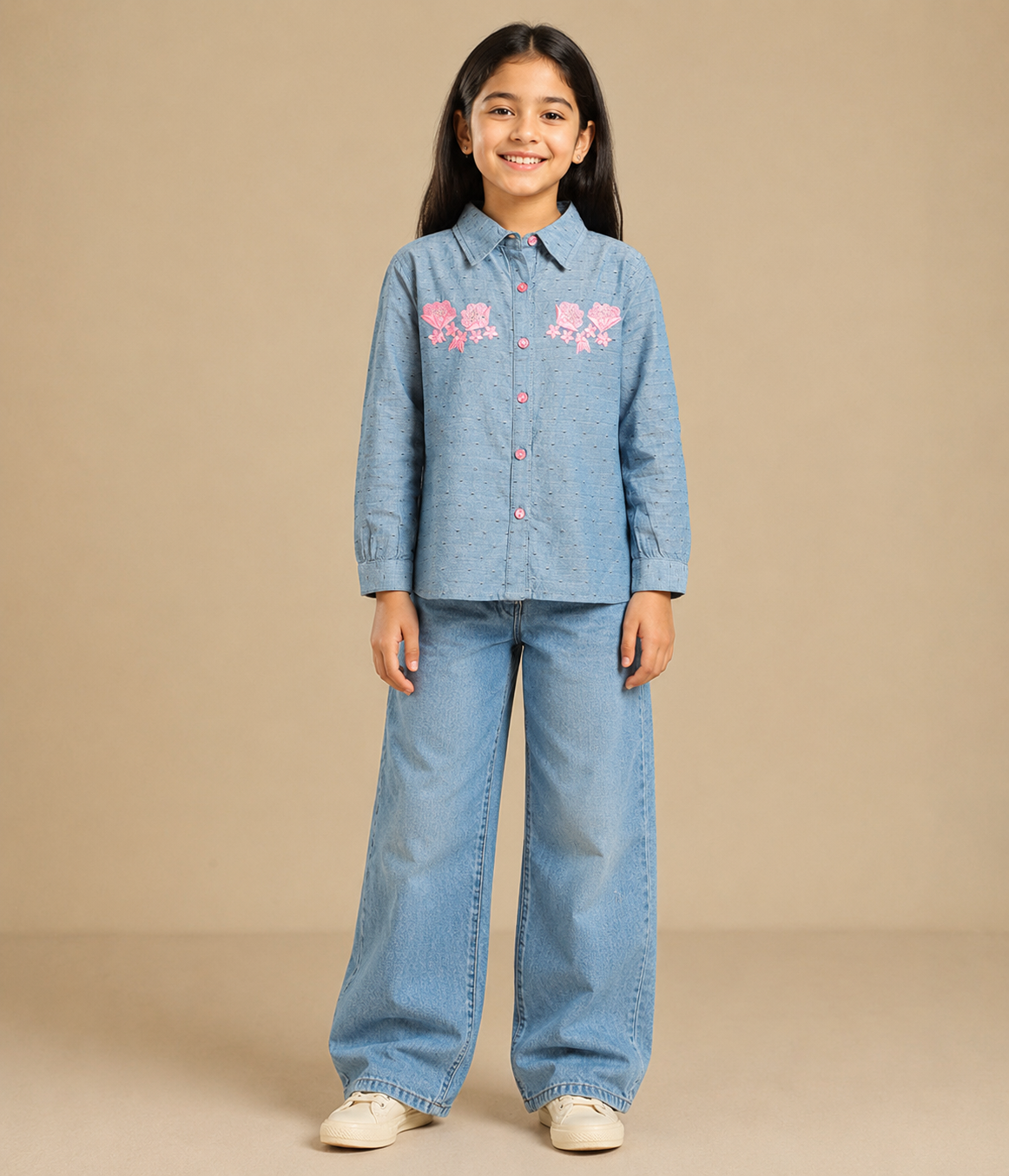 Blue girls long sleeve sweatshirt with pink floral embroidery