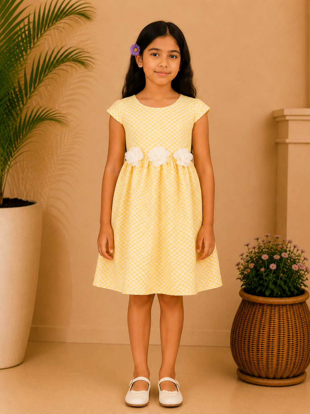 Yellow girls sleeveless fit and flare dress with ruffle sleeves and flared skirt