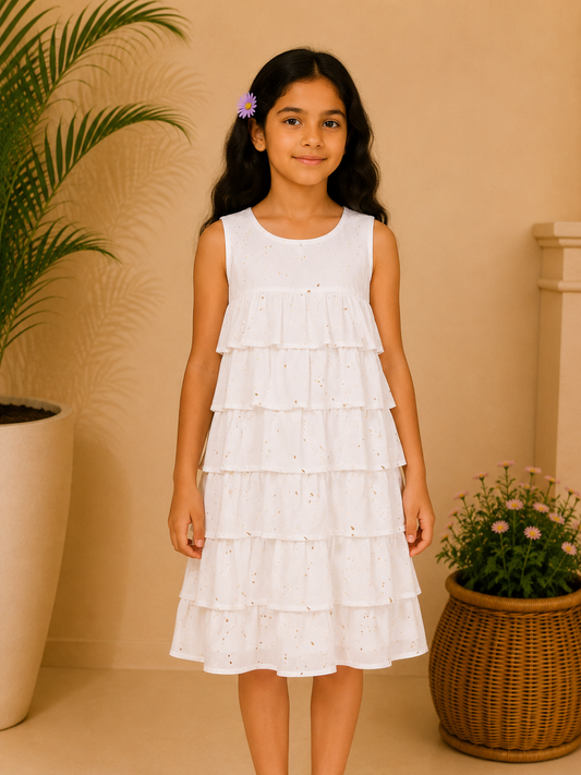 White girls sleeveless striped dress with flared hem and delicate detailing