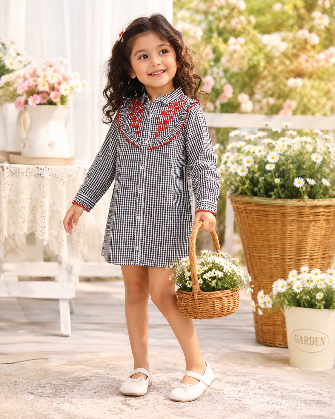 Grey girls checked short sleeve dress with red floral embroidery and ruffle detailing