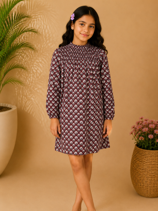 Brown checked girls flared skirt with gathered waist and ruffle detailing