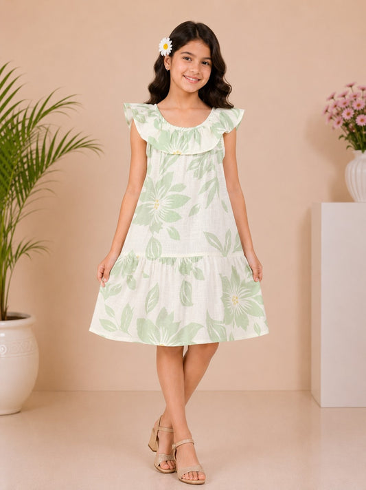 White and green floral printed girls flared skirt with gathered waist