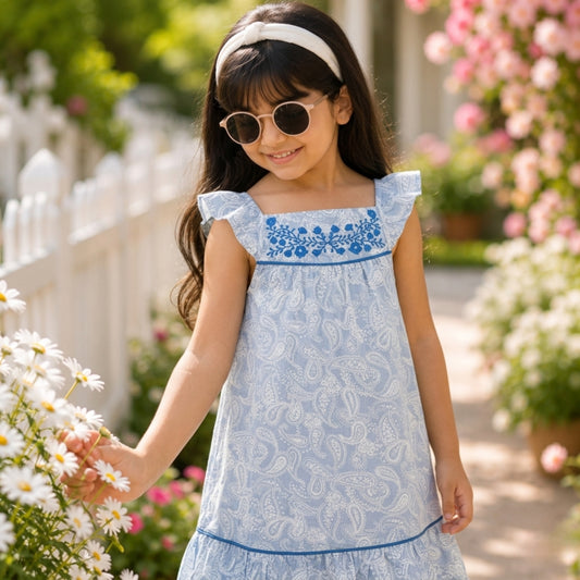 Blue girls striped short sleeve dress with layered ruffle hem and gathered waist