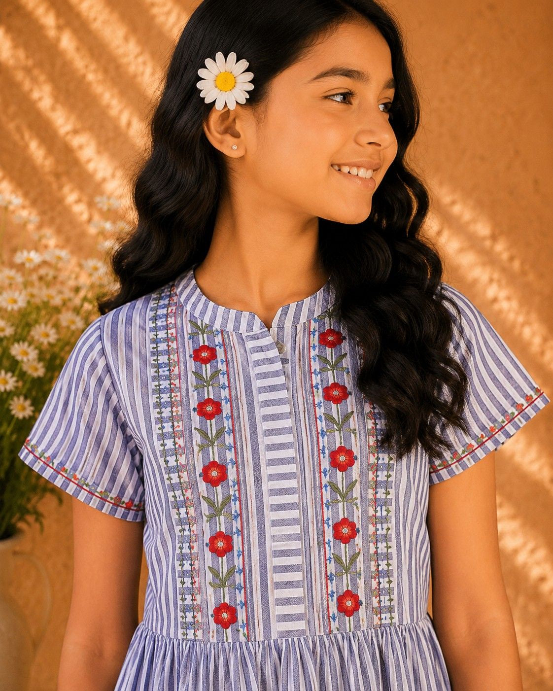 White girls short sleeve dress with pastel pink and blue colour block detailing