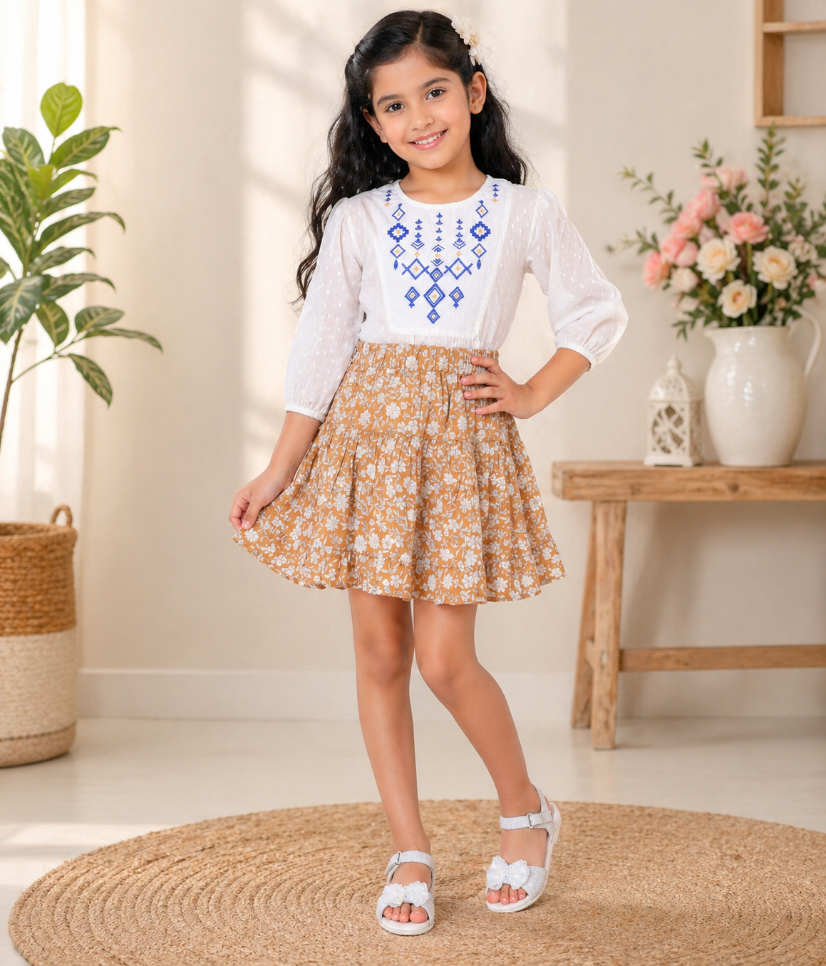 Beige floral printed girls asymmetric flared skirt with gathered waist