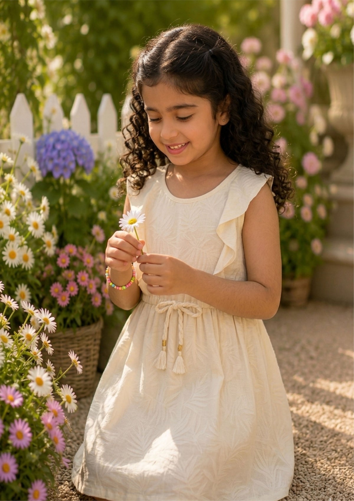 Beige girls sleeveless fit and flare dress with gathered waist and pleated skirt