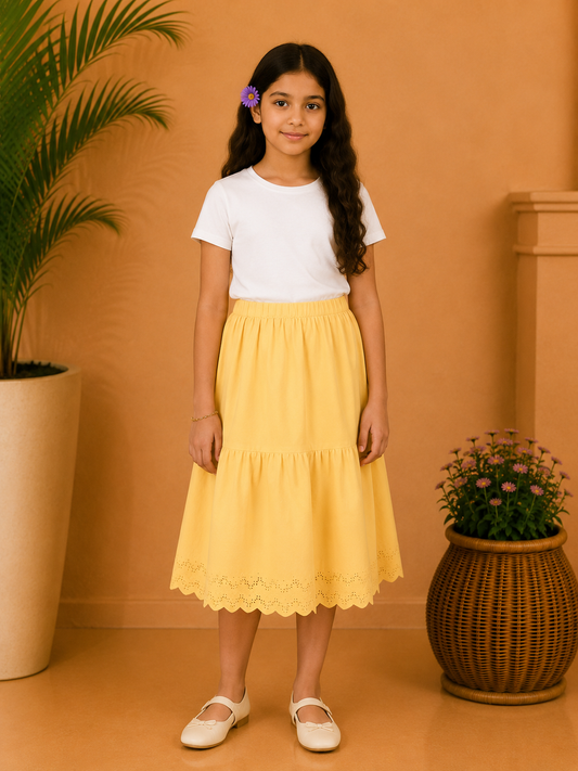 Black girls short sleeve top with mustard yellow flared skirt