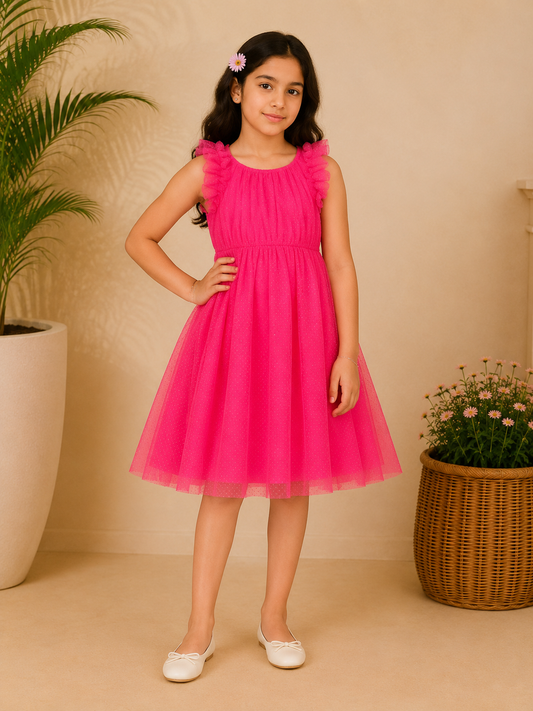 Hot pink girls sleeveless fit and flare dress with ruffle detailing and flared skirt