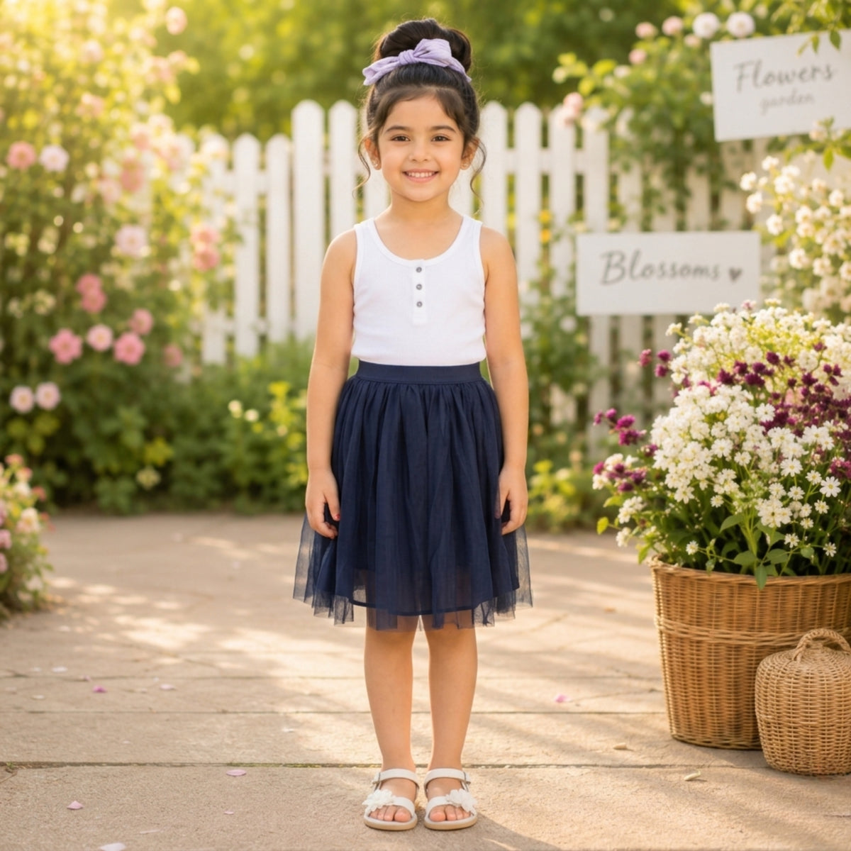 White top with navy blue girls layered tulle skirt and flared hem