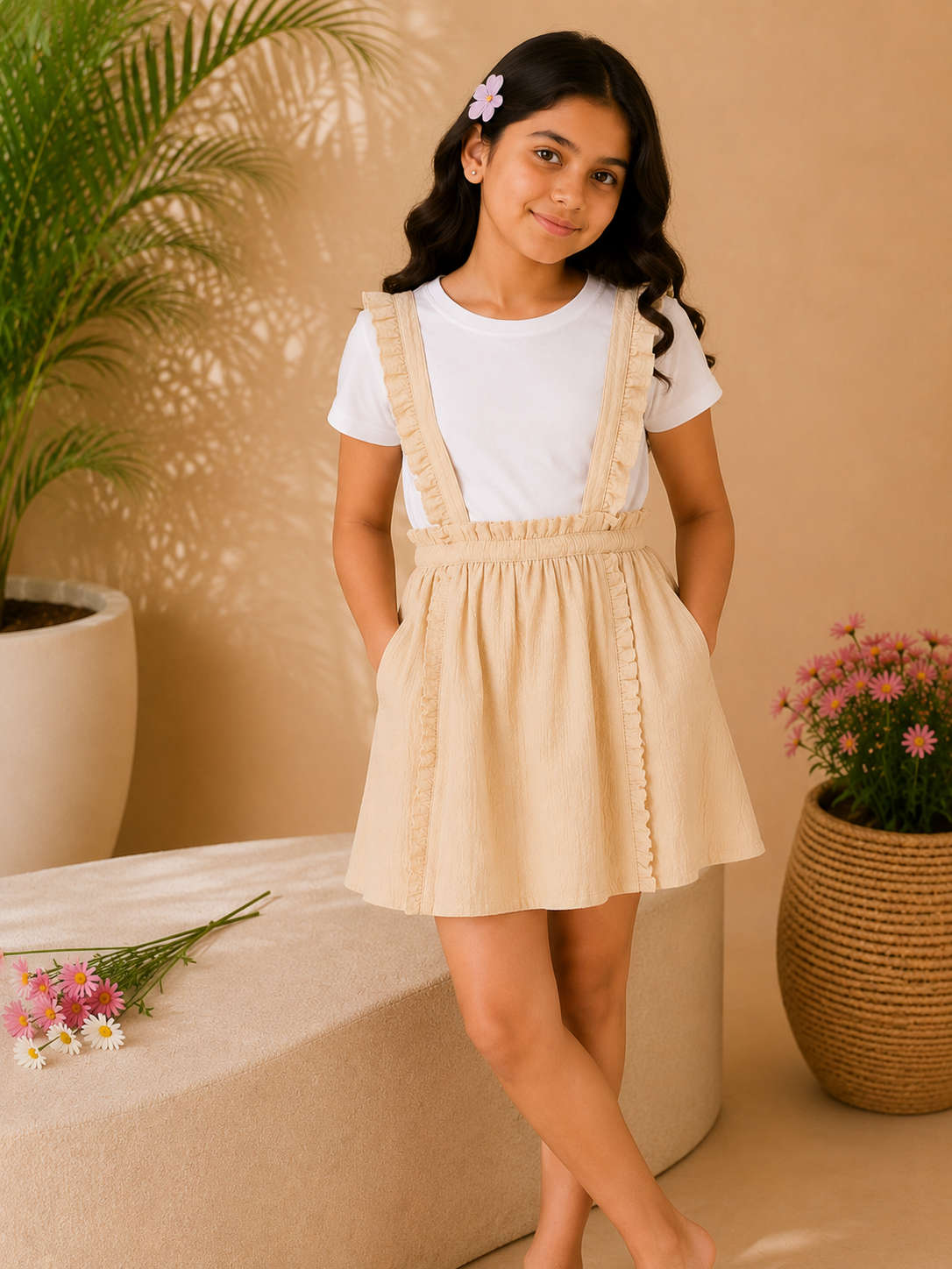 Beige girls pleated skirt with gathered waist and flared hem