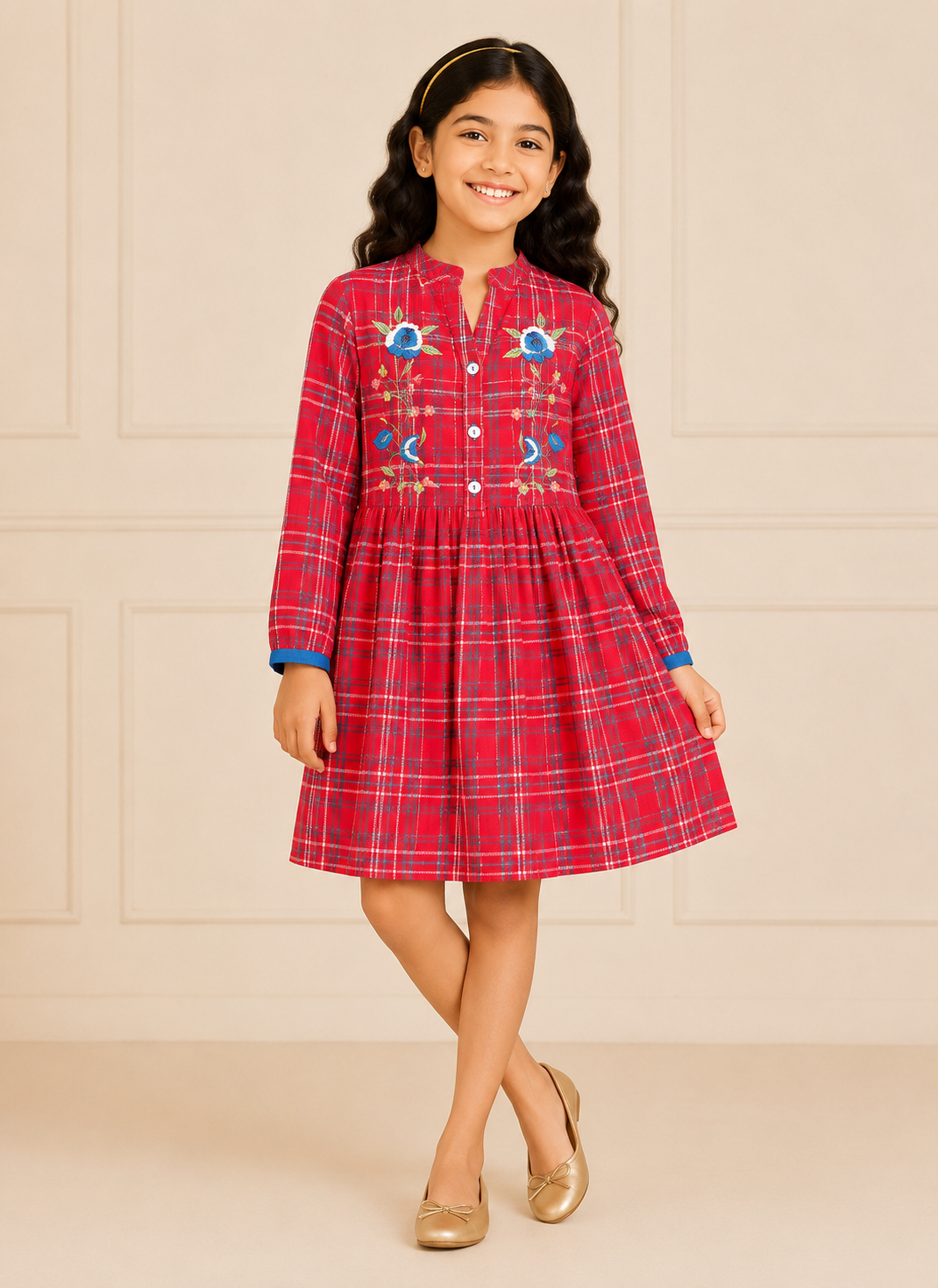 Red checked girls long sleeve dress with ruffle detailing and gathered waist