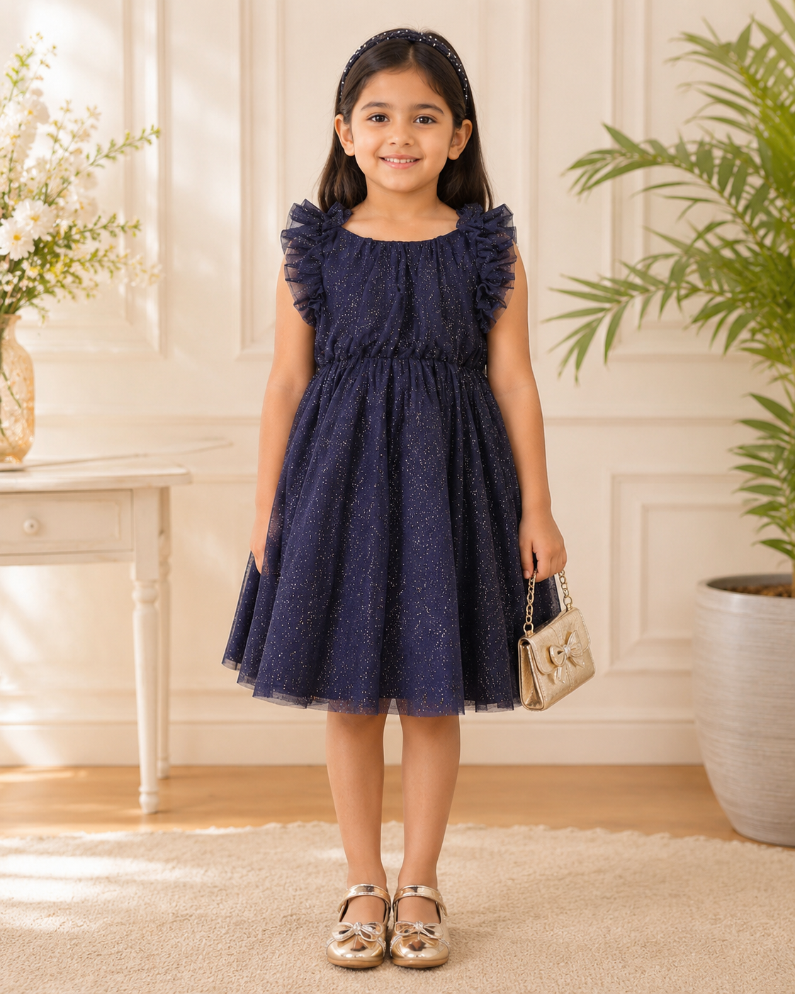 Black girls sleeveless fit and flare dress with ruffle detailing and flared skirt