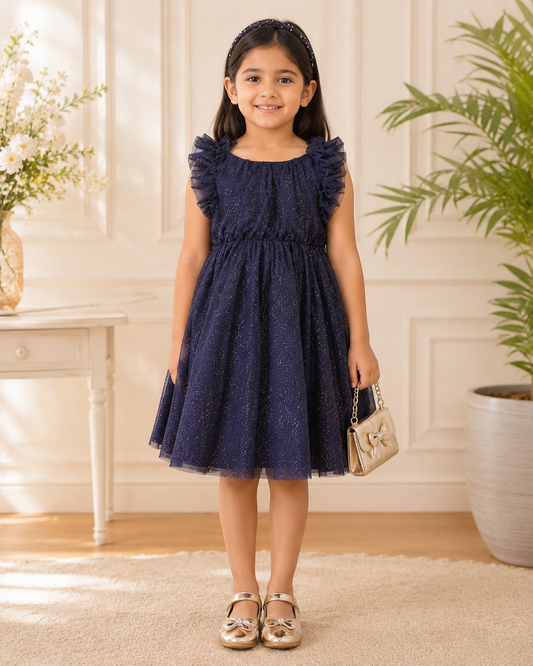 Black girls sleeveless fit and flare dress with ruffle detailing and flared skirt