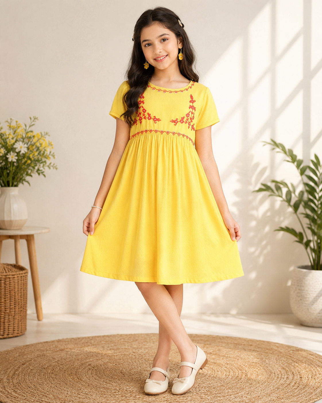 Yellow striped girls sleeveless dress with ruffle sleeves and flared hem