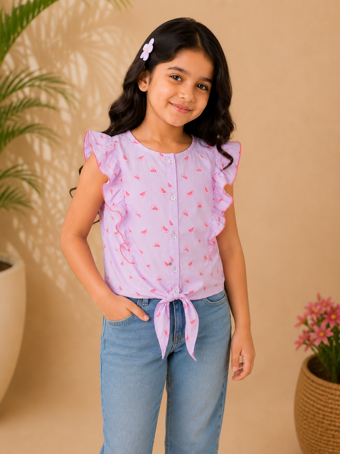 Pink floral printed girls sleeveless romper with ruffle sleeves and shorts