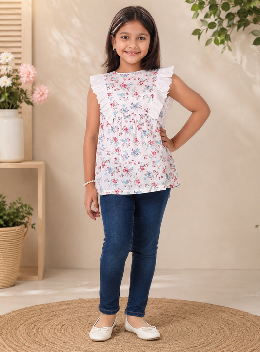 White girls sleeveless floral printed top with colourful all-over print