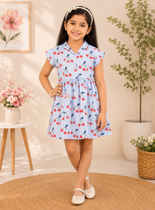 White girls floral printed sleeveless dress with purple detailing and flared hem