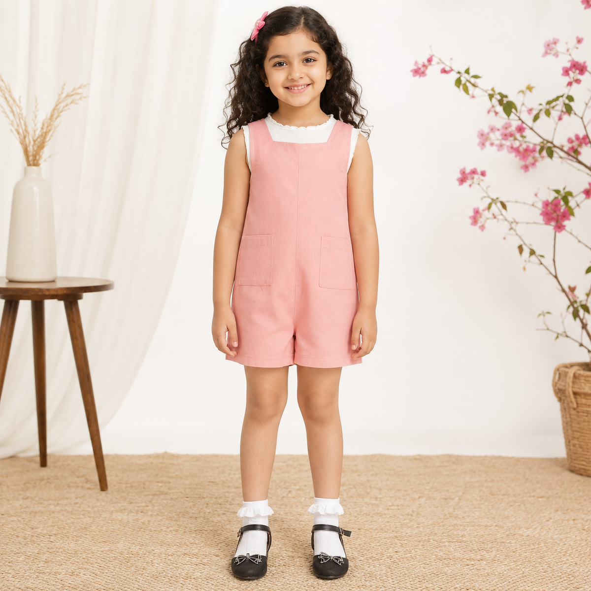 Pink checked girls sleeveless romper with shoulder straps and relaxed fit