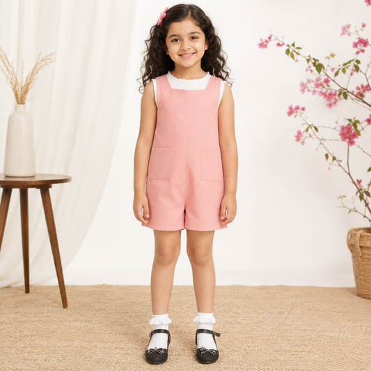 Pink checked girls sleeveless romper with shoulder straps and relaxed fit