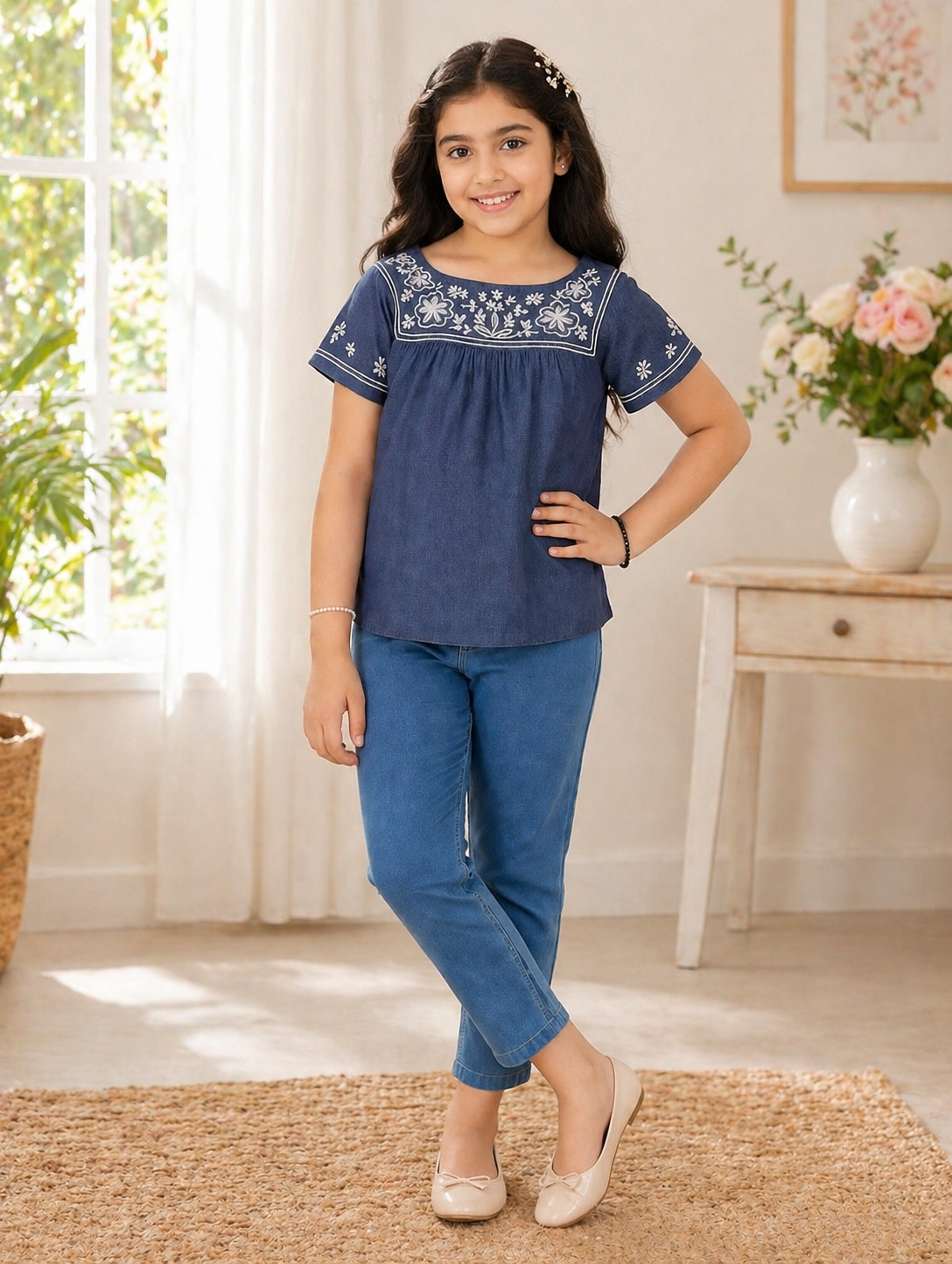 Blue girls short sleeve top with white floral embroidery and gathered detailing