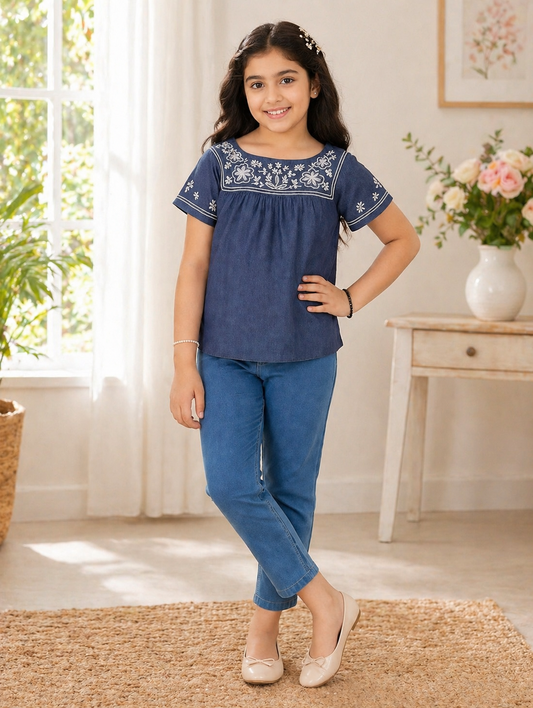 Blue girls short sleeve top with white floral embroidery and gathered detailing