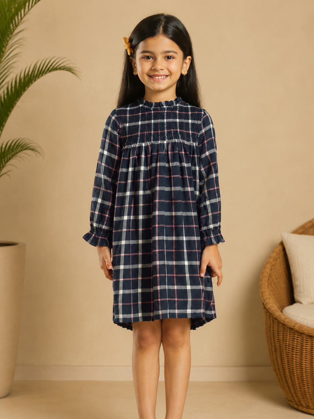 Navy blue checked girls long sleeve A-line dress with ruffle detailing and flared hem