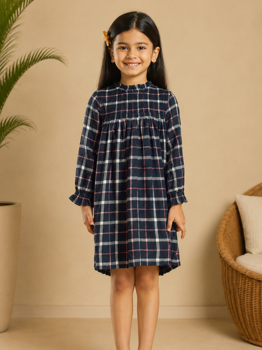 Navy blue checked girls long sleeve A-line dress with ruffle detailing and flared hem