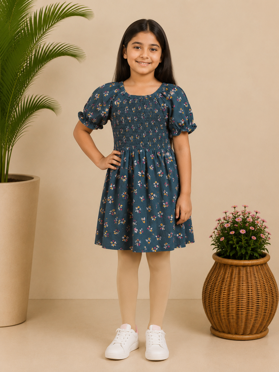 Navy blue girls floral printed short sleeve dress with gathered waist and flared hem