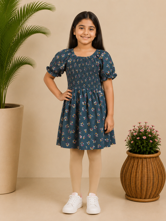 Navy blue girls floral printed short sleeve dress with gathered waist and flared hem