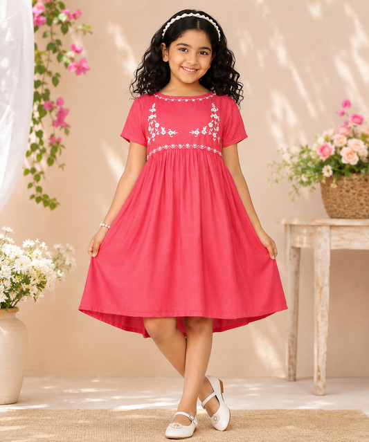 Coral red girls embroidered fit and flare dress with ruffle sleeves and flared hem