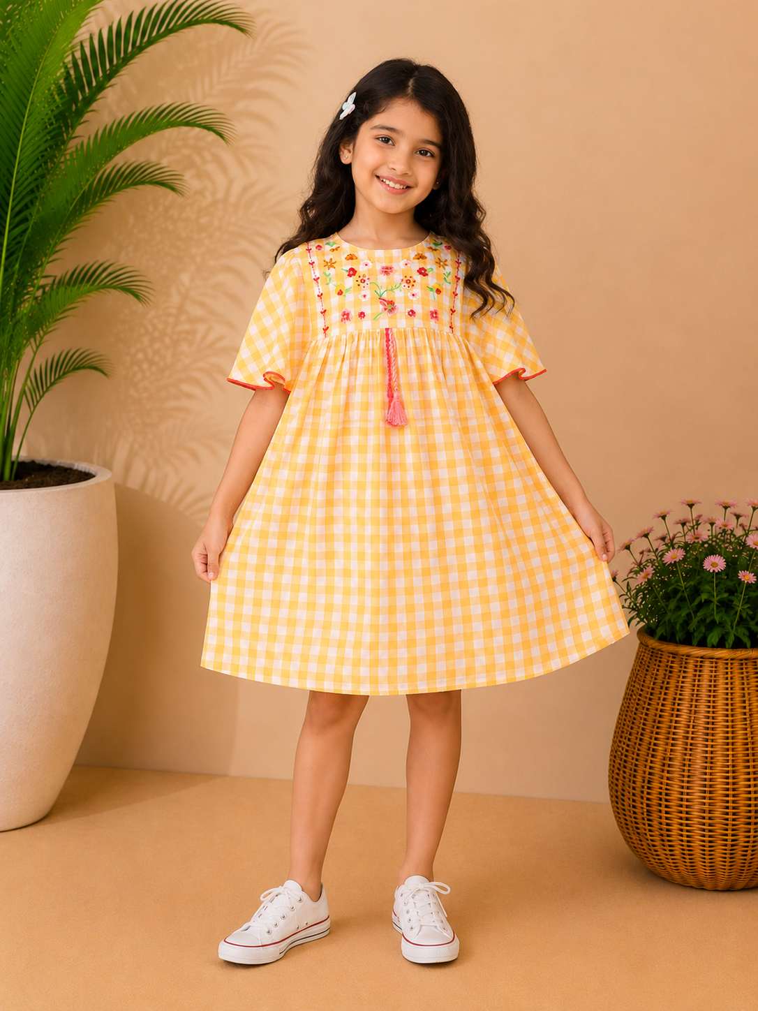 Yellow checked girls fit and flare dress with ruffle sleeves and flared skirt