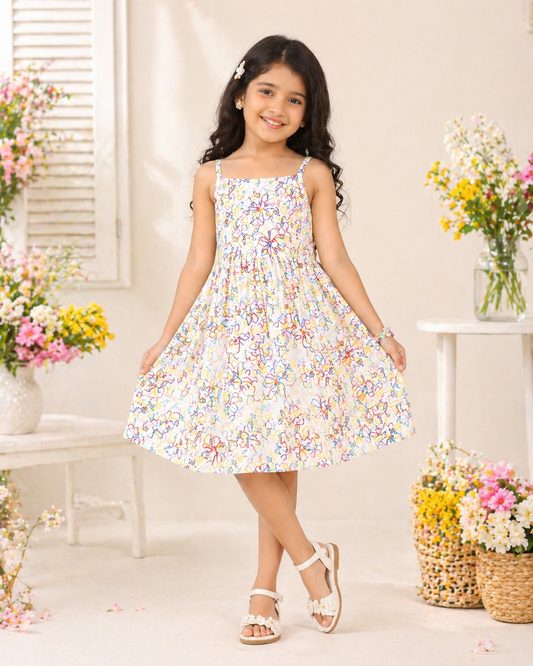 White girls floral printed sleeveless dress with colourful detailing and flared hem