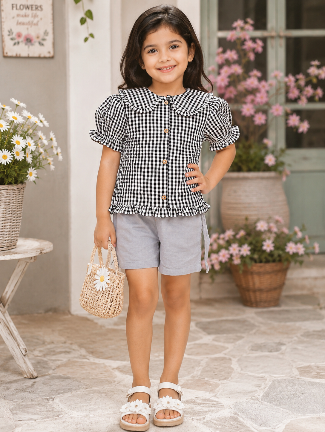 Grey girls checked shorts with elasticated waist and relaxed fit