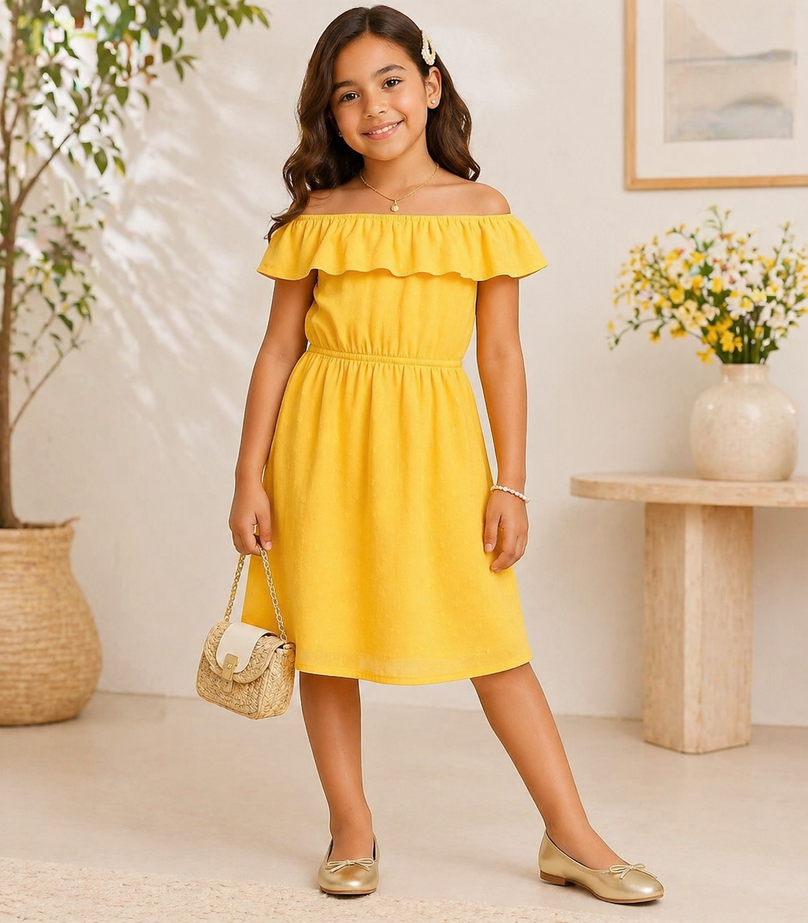 Yellow girls sleeveless fit and flare dress with ruffle detailing and flared hem