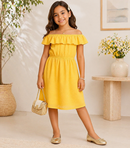 Yellow girls sleeveless fit and flare dress with ruffle detailing and flared hem
