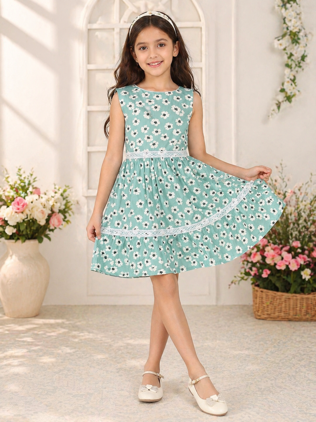 Mint green girls sleeveless top with floral printed flared skirt