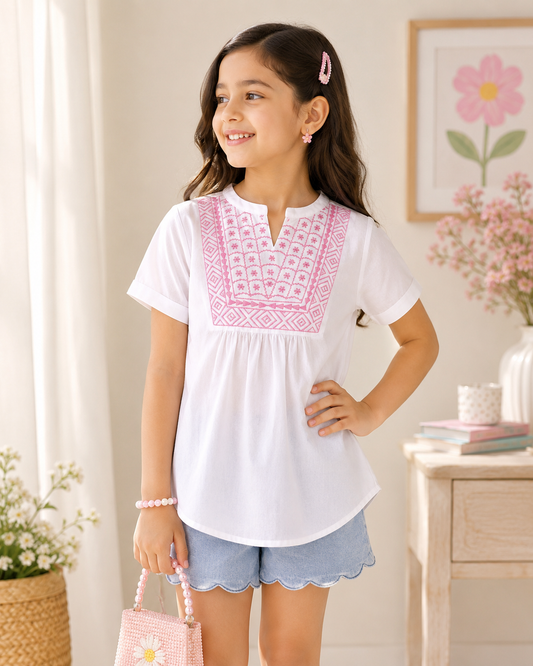 White girls short sleeve top with pink striped ruffle collar and contrast detailing