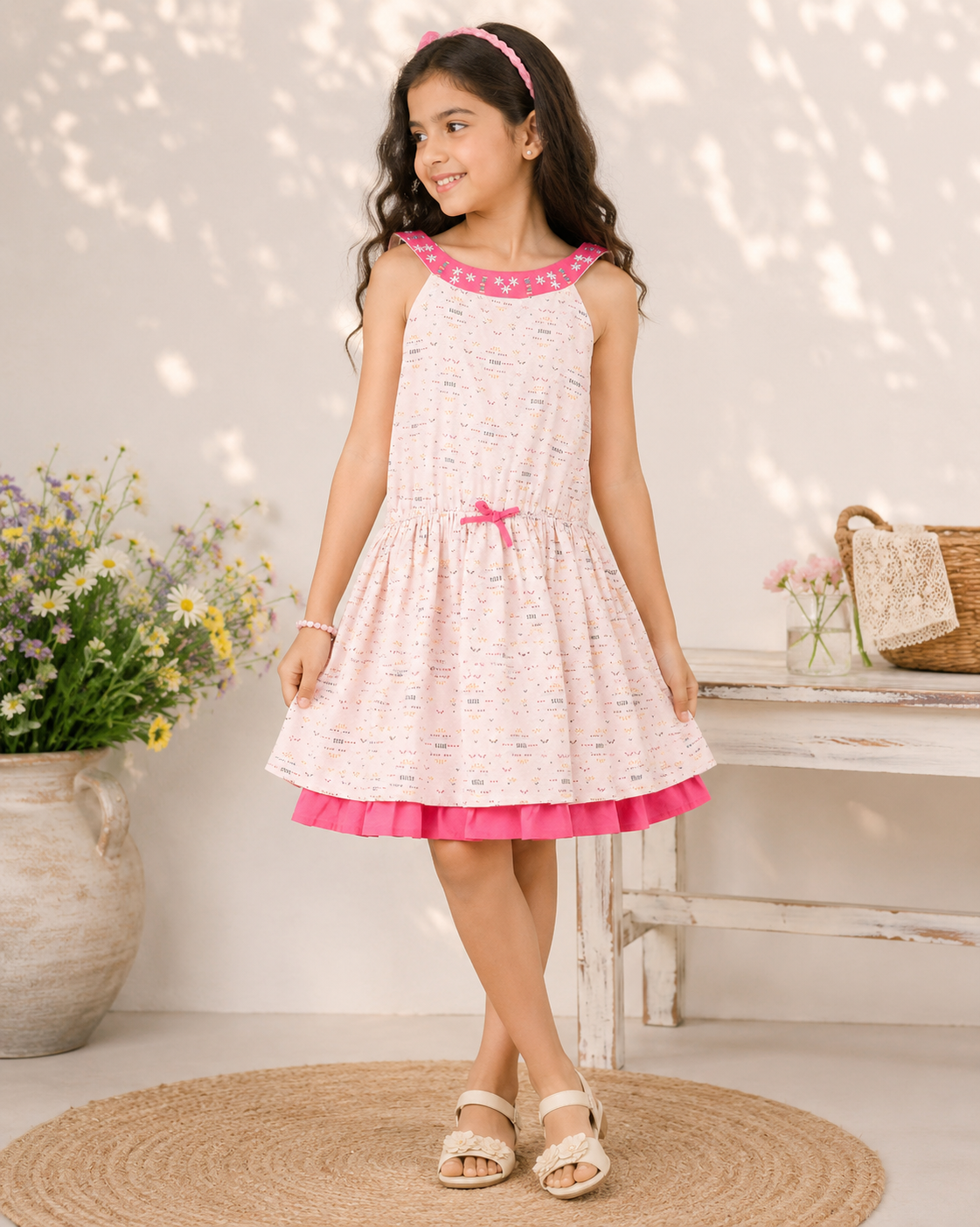 White and pink striped girls sleeveless dress with tiered ruffle hem