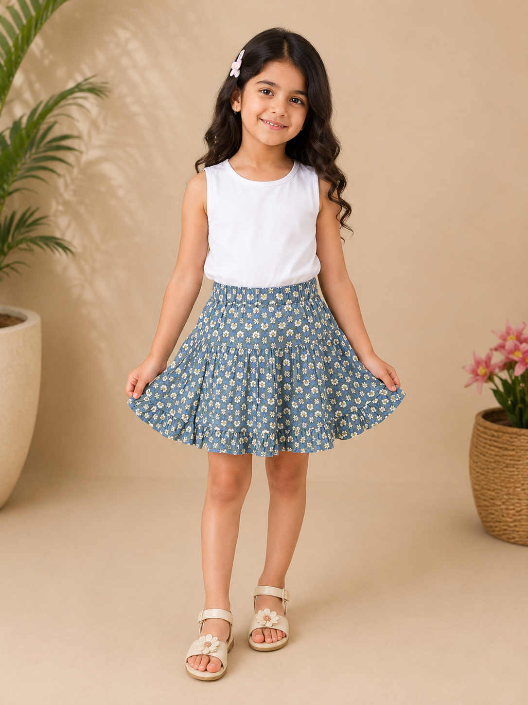 Blue floral printed girls asymmetric flared skirt with gathered waist
