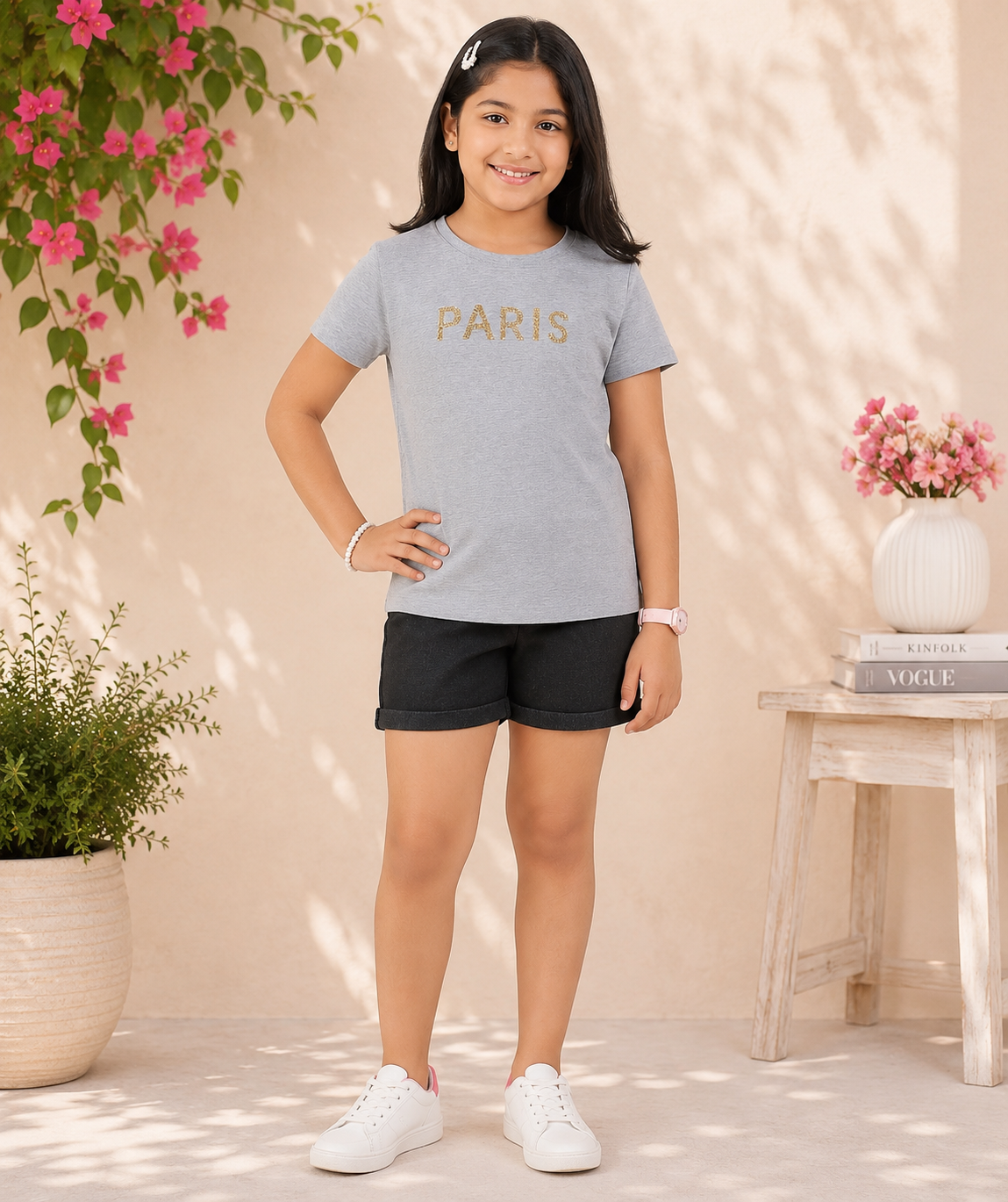 Grey girls short sleeve T-shirt dress with gold heart print and casual fit
