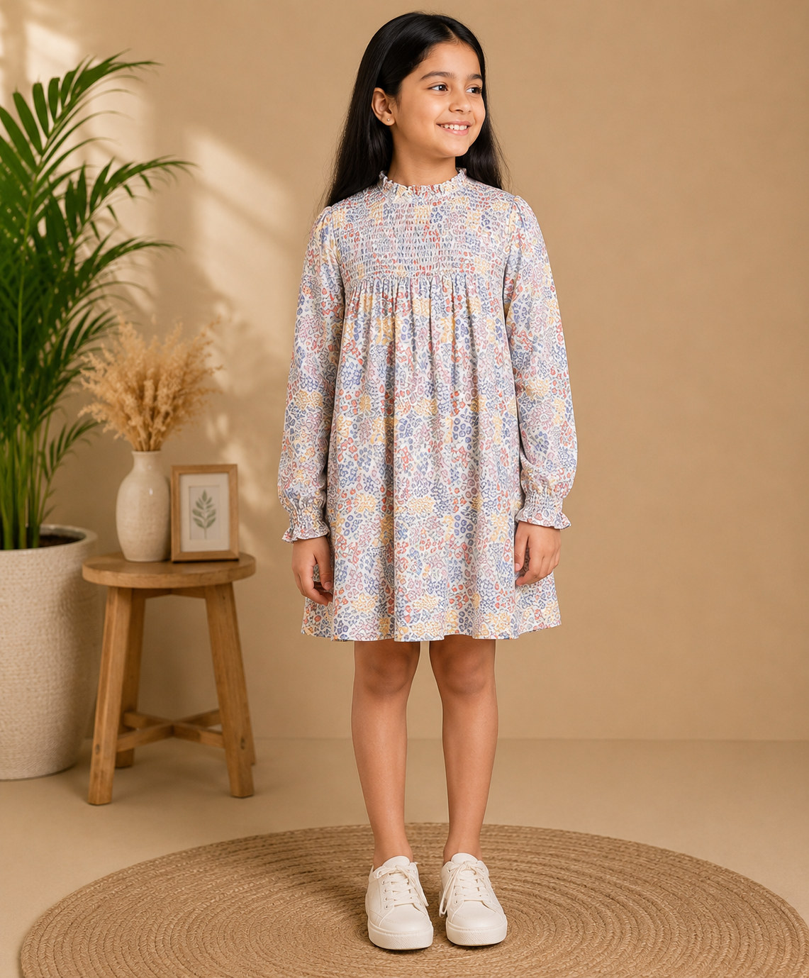 White and grey striped girls short sleeve dress with ruffle detailing and gathered waist