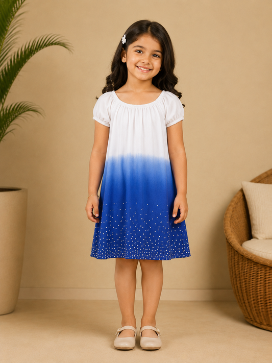 White and navy blue ombre girls sleeveless A-line dress with flared hem