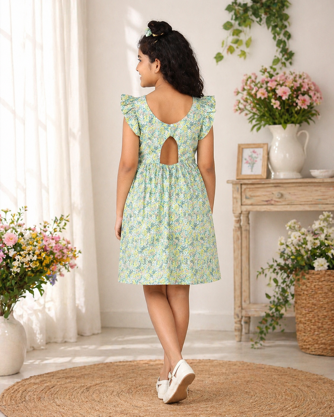 Mint green girls printed shorts with flared fit and elasticated waist