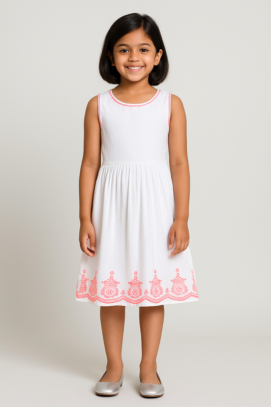 White girls sleeveless fit and flare dress with pastel pink and blue ruffle hem