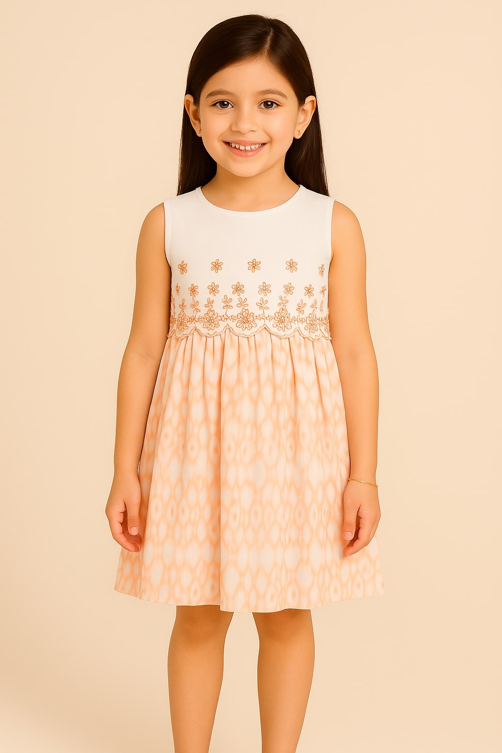 White and peach girls sleeveless dress with checked flared skirt and gathered waist