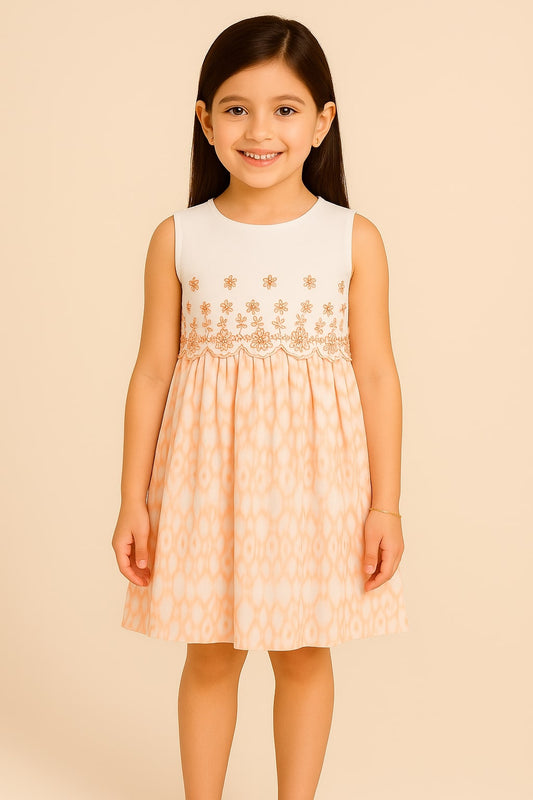 White and peach girls sleeveless dress with checked flared skirt and gathered waist