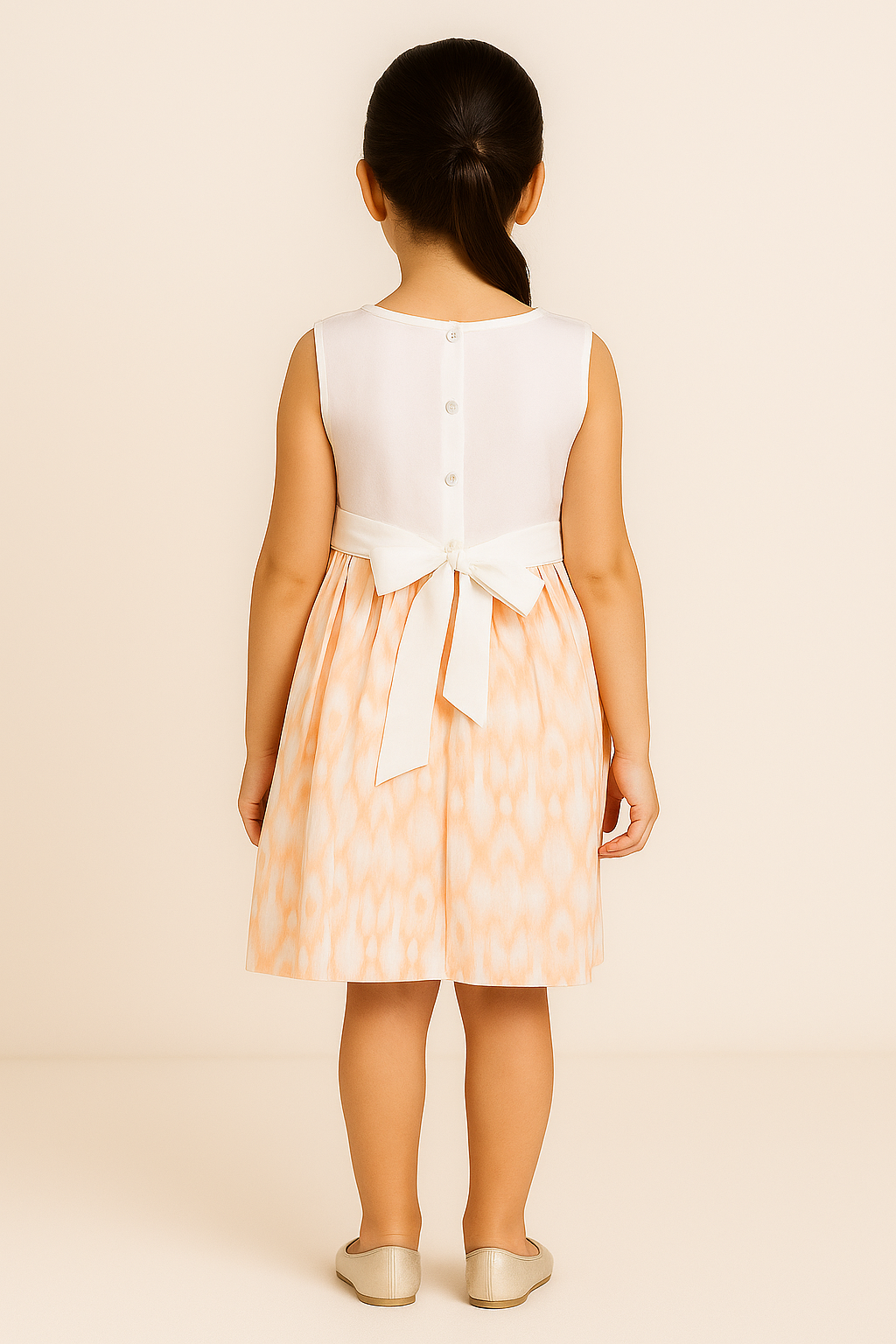 White and peach girls sleeveless dress with checked flared skirt and gathered waist